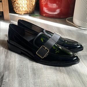 Zara Black Patent Leather Flats with Gold Buckle